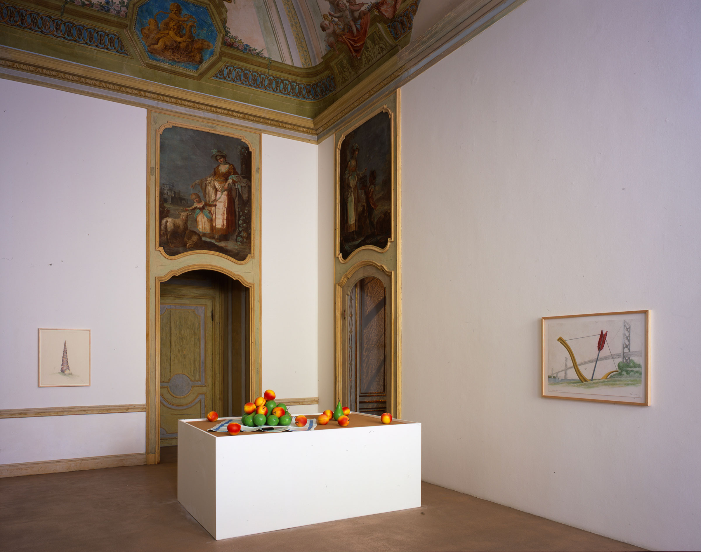 Claes Oldenburg Coosje van Bruggen, Proposal for a Sculpture in the Form of a Dropped Cone, for Neumarkt, Cologne, 1998, Scattered Pyramid of Pears and Peaches - Balzac/Pu00e9tanque, Model, 2001, Cupidu0027s Span, 2003